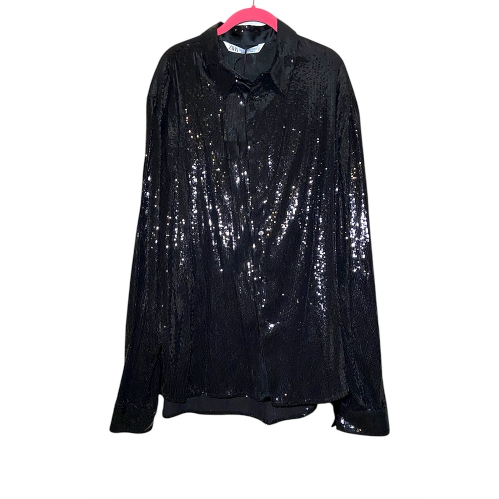 Zara Black Sequin Button Front Shirt Glam Party Evening Top XL NWT - Picture 2 of 4
